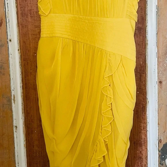 BCBG Yellow Silk Chiffon Ruffle Tulip Dress SZ Sm - Picture 2 of 3